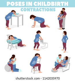 Poses In Childbirth. Birth Pains. Relief Of Labor Pains. Vector Illustration.