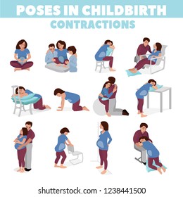 Poses In Childbirth. Birth Pains. Relief Of Labor Pains. Vector Illustration.