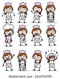 Poses of Comic Waitress Character - Set of Concepts Vector illustrations