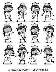 Poses of Different Cartoon Waitress - Set of Concepts Vector illustrations
