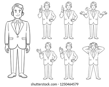 Poses of elderly businessmen Set of 7 types 1 line drawing
