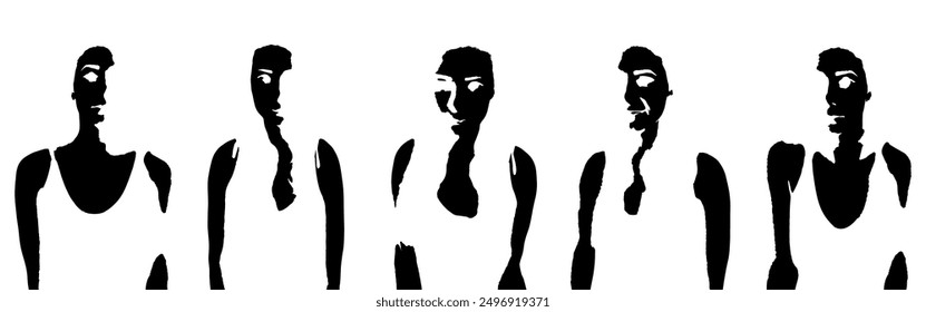 Poses de caras, manos. Conjunto de pegatinas con cara de personas. Símbolos con diferentes emociones.  Torso. Siluetas de semitono. Halloween. Iconos para mensajes, atmósfera, Sitio web, avatar. Vector