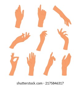 Poses of female hands set. Gesturing. People's hands in different positions. Human palms and wrist. Vector illustration in cartoon style. Isolated on white background.