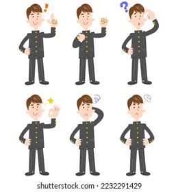 Poses and gestures of a male student wearing a school uniform, whole body