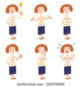 Poses and gestures of a woman with short hair Whole body No outline