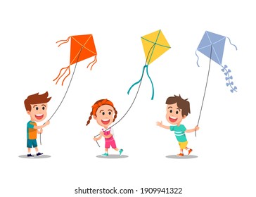 poses of happy children playing kites