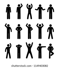 poses human, various standing postures, man, people, stick figure, pictogram stickman Icons, basic body language, vector isolated silhouettes, set symbols