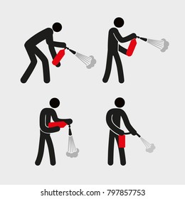 Poses of a man with a fire extinguisher. Vector drawing