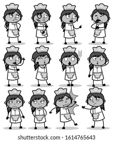 Poses of Retro Cartoon Waitress - Set of Concepts Vector illustrations