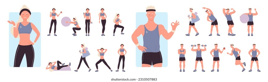 Poses of sports trainers set vector illustration. Cartoon isolated male and female blonde characters standing and training muscles with dumbbells, professional instructors doing sport workout