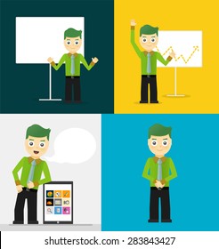 Poses of young businessmen, presentation on white board, leaning on tablet concept and confident positive pose. Set of illustrations