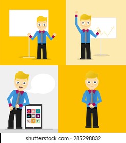 Poses of young businessmen, presentation on white board, leaning on tablet concept and confident positive pose. Set of illustrations