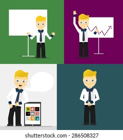 Poses de jovens empresários, apresentação no quadro branco, apoiando-se no conceito do tablet e postura positiva confiante. Conjunto de ilustrações