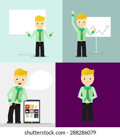 Poses de jóvenes hombres de negocios, presentación en pizarra blanca, apoyándose en el concepto de tableta y pose positiva segura. Conjunto de ilustraciones
