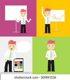 Poses of young businessmen, presentation on white board, leaning on tablet concept and confident positive pose. Set of illustrations