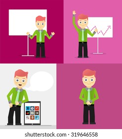 Poses of young businessmen, presentation on white board, leaning on tablet concept and confident positive pose. Set of illustrations