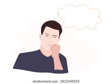 Poses of young men who are thinking with word balloons, men putting their hands under their chin and thinking, male vector illustration characters. His shows decision making process.