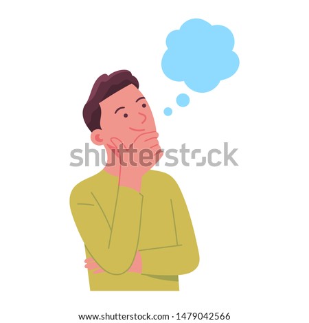 poses of young men who are thinking with word balloons, men putting their hands under their chin and thinking, male vector illustration characters