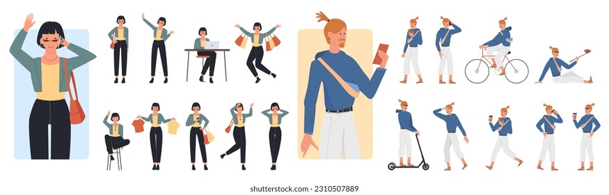 Poses of young people set vector illustration. Cartoon isolated male and female characters standing, walking and jumping with shopping bags, hipster riding electric scooter and bike, drinking coffee