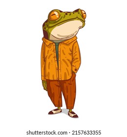 A Poseur Frog, isolated vector illustration. Young trendy dressed anthropomorphic frog showing off. Humanized toad posing. A fancy guy. A Photo Model. An animal character with a human body