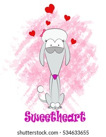 Posh and comic pink poodle sitting. Vector illustration