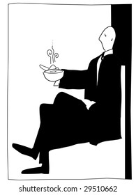 posh gentleman enjoys a hot drink in a simple art deco style.