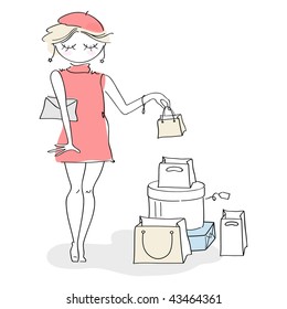 Posh lady holding a tiny shopping bag in her hand, with tons of other bags and packages at her feet.