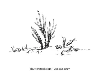 Posidonia oceanica seagrass vector illustration. Neptune grass or Mediterranean tapeweed drawing.