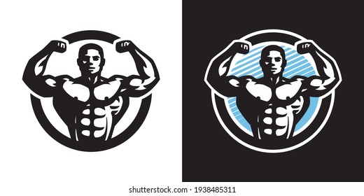 Posing athlete. Bodybuilding and fitness logo, on a light and dark background.