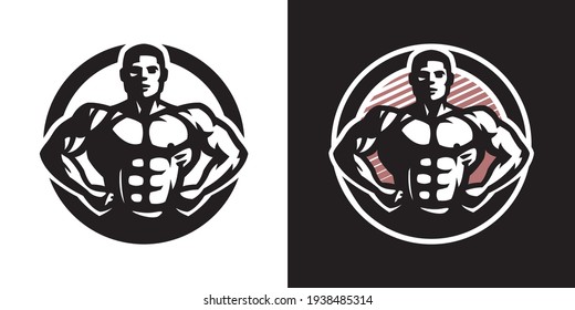 Posing athlete. Bodybuilding and fitness logo, on a light and dark background.