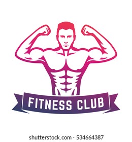Posing athlete, muscular bodybuilder showing his biceps, fitness club logo, emblem on white