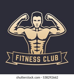 Posing athlete, strong bodybuilder, man showing his biceps, fitness club logo, emblem, gold on dark