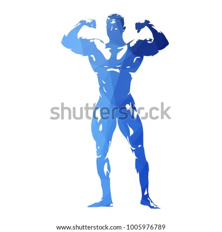 Posing bodybuilder, abstract blue geometric vector silhouette. Front view. Man with big muscles standing