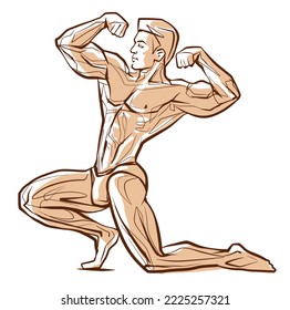 Posing bodybuilder, isolated vector silhouette, ink drawing