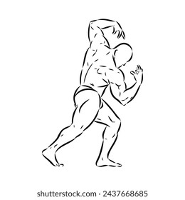 Poniendo el culturista, silueta aislada del vector, dibujo de la tinta