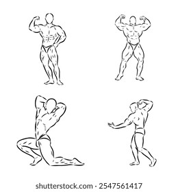 Posing bodybuilder, isolated vector silhouette, ink drawing
