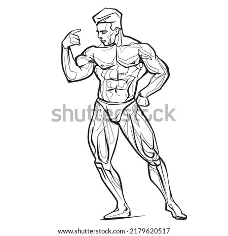 Posing bodybuilder, isolated vector silhouette, ink drawing