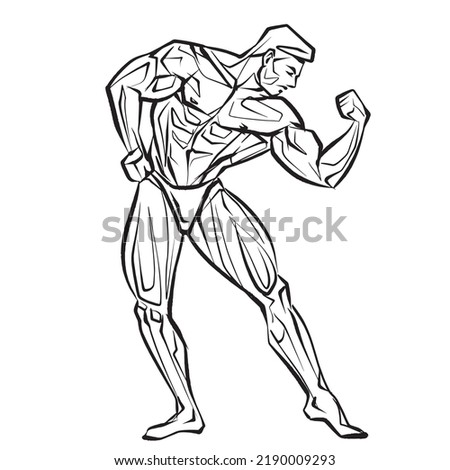 Posing bodybuilder, isolated vector silhouette, ink drawing