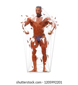 Posing bodybuilder, low polygonal isolated vector illustration. Front view. Geometric man with big muscles