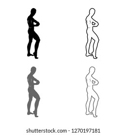Posing bodybuilder silhouette Bodybuilding concept icon outline set grey black color