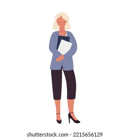 Posing female teacher with lesson materials. University woman professor vector illustration