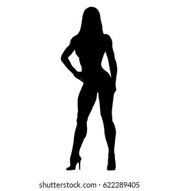 Posing fitness woman. Bodybuilder girl standing on high heels. Vector silhouette