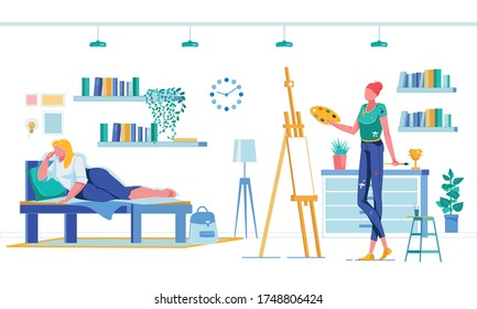 Posing for Friend on Bed in College Dormitory Room with Shelving and Green Plant. Blonde Roommate as Life Model for Girl Fine Arts Student, Practicing Painting in Front Easel with Brush and Palette.