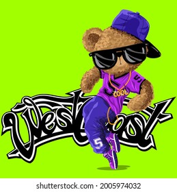 Posing In Front Of The Graffiti-style Slogan, The Hip Hop Bear In Casual Wear Does The Best Dance Moves He's Ever Known. Real Rapper With Sunglasses Gold Chain And Blue Hat