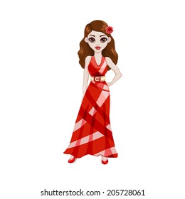 Posing Girl Wearing a Red Dress. Vector character