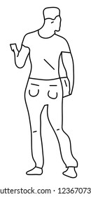 Posing man silhouette, black and white sketch.