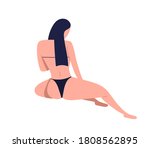 Posing slim brunette in bikini with fit figure. Female character in black underwear. Woman back in swimsuit with long hair. Flat vector cartoon illustration isolated on white background.