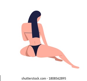 Poner morena delgada en bikini con figura de ajuste. Personaje femenino en ropa interior negra. Mujer de vuelta en traje de baño con pelo largo. Ilustración de dibujos animados vectoriales planos aislados en fondo blanco.