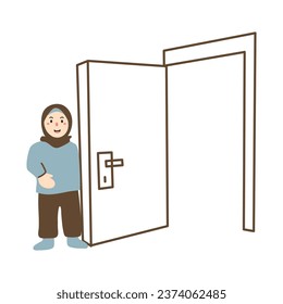 posing while opening door illustration