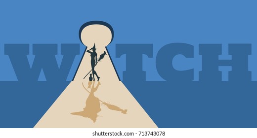 Posing witch silhouette with a broomstick in the light that poured into the room from the keyhole. Halloween relative image